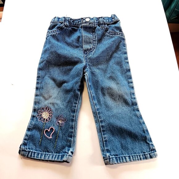 Y2K Baby VTG Toddler Girl Jeans Blue Embroidered Pink Heart Flowers 12 Mos - Picture 1 of 6